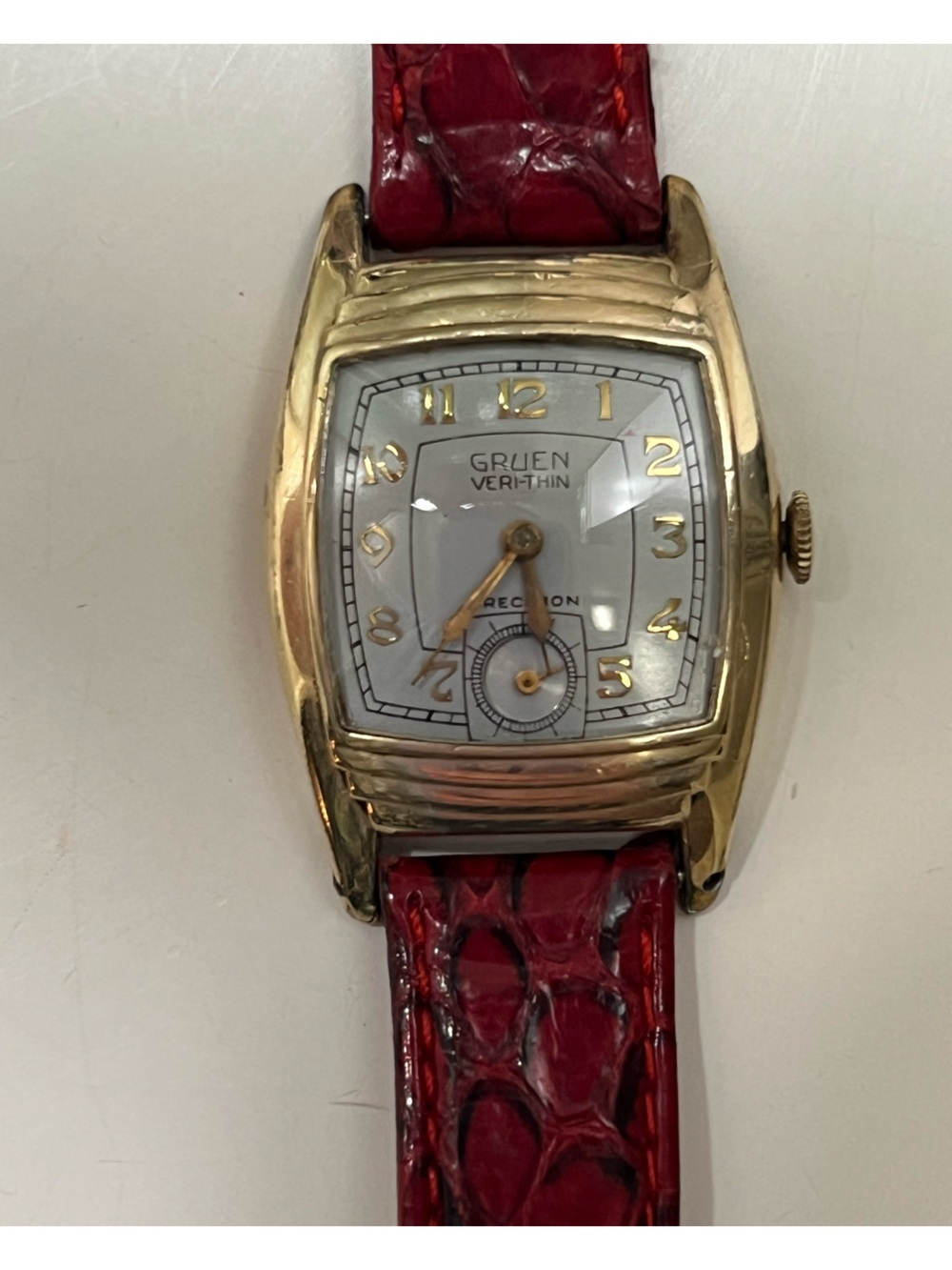 Gruen Veri-thin Precision Gold-Tone Watch with Red Leather Strap-10k Gold Filled